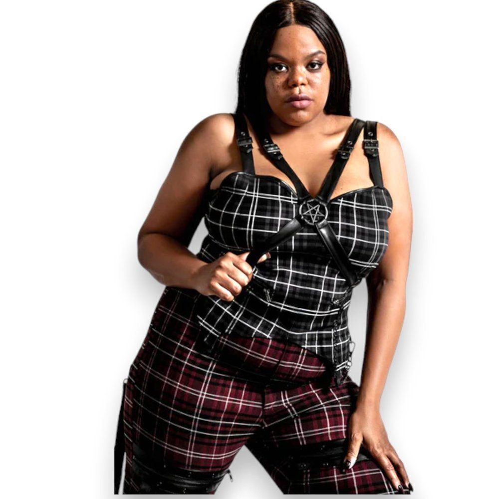 Black & White Plaid Leather Straps Corset Bustier Top - NEW